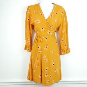 Faithfull the Brand Floral Wrap Dress Yellow Daisy V Neck Boho Ruffle Size 8